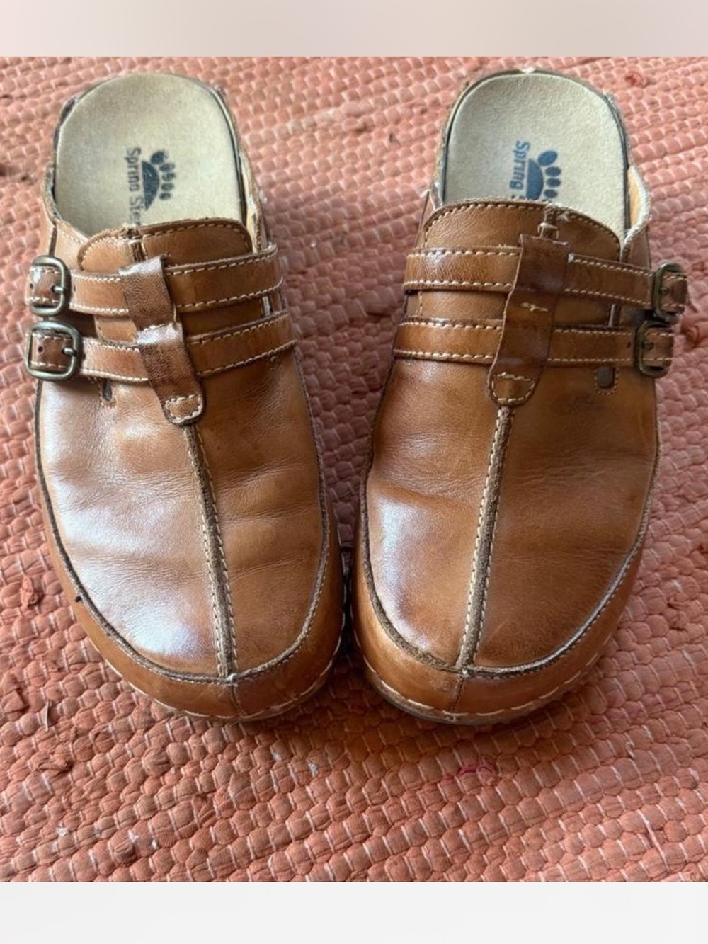 Women’s Brown Leather Slip-On Clogs with Double Buckle